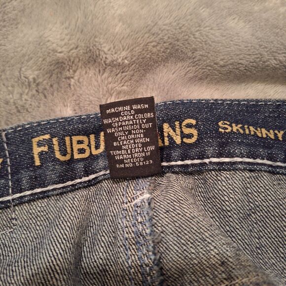 FUBU Retro Jeans Women 14 Dark Wash Blue Embroidered Distressed Skinny - Picture 7 of 14